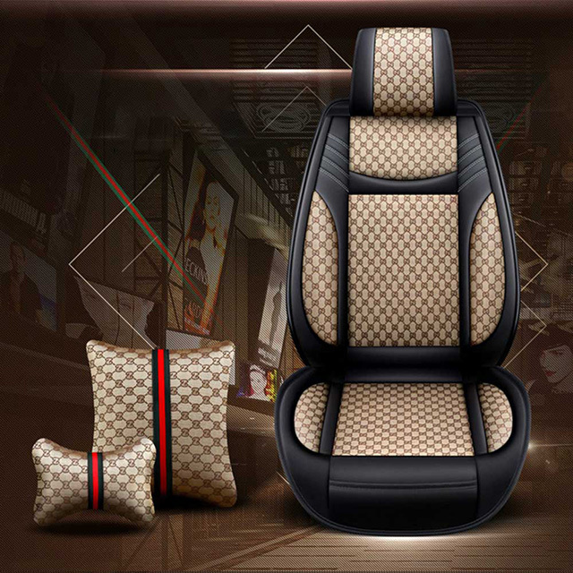 FLY5D Leather Car Seat Covers for Women and Men, Airbag Compatible for SUVs Sedans, Beige