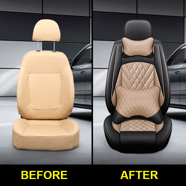 FLY5D Leather Car Seat Covers Full Seat for Universal Cars like Toyota Corolla Camr, Black&amp;Beige