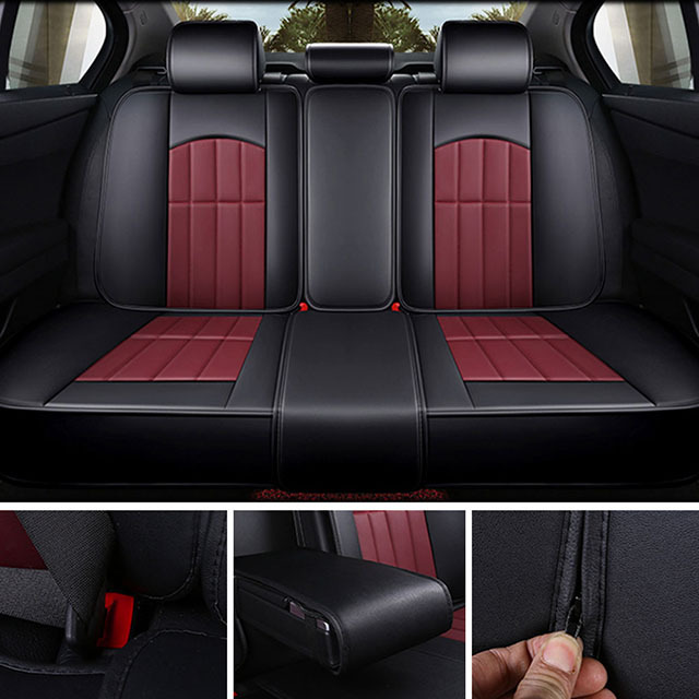 Fly5D Luxury PU Leather Car Seat Cover Wear-resistant Durable and Fashion, Suitable for 5-seats Cars Like SUV, VAN, Sedan, Wine Red