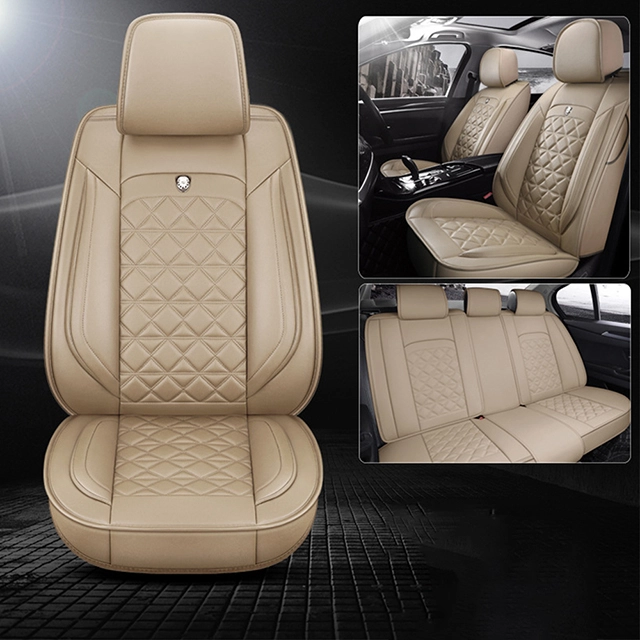 Fly5D Professional PU Leather Car Seat Covers Full Set Waterproof Comfortable Cushions for SUVs Sedans, Beige