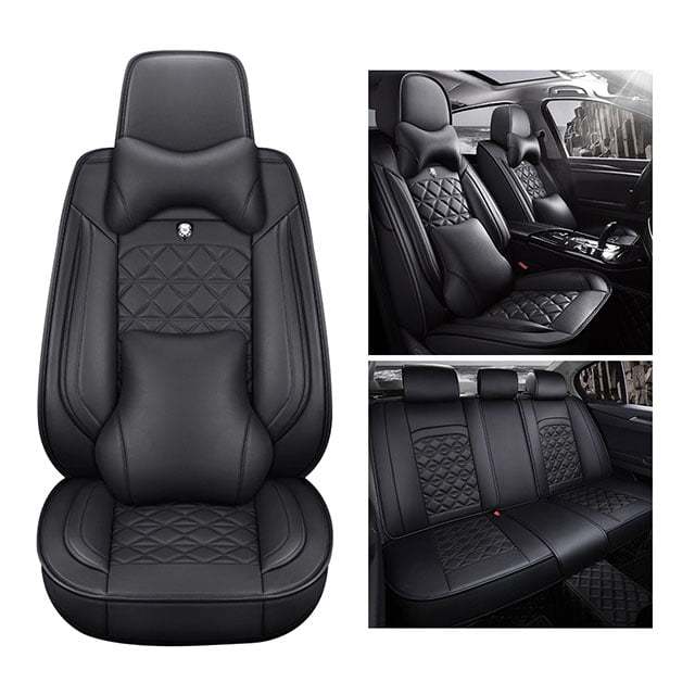 Fly5D Full Set Car Seat Cover PU Leather Full Surround, Waterproof Comfortable Durable Easy to Clean, Fit for Most of 5 Seats Cars, Black