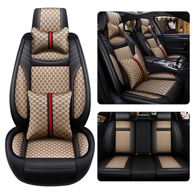 FLY5D Leather Car Seat Covers for Women and Men, Airbag Compatible for SUVs Sedans, Beige