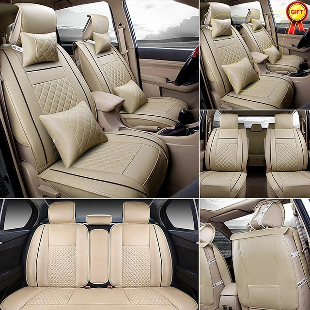 FLY5D Car Seat Covers Leather, Wear Resistant Soft PU Leather in Fashion Style Compatible for Sedans Sedans, Beige