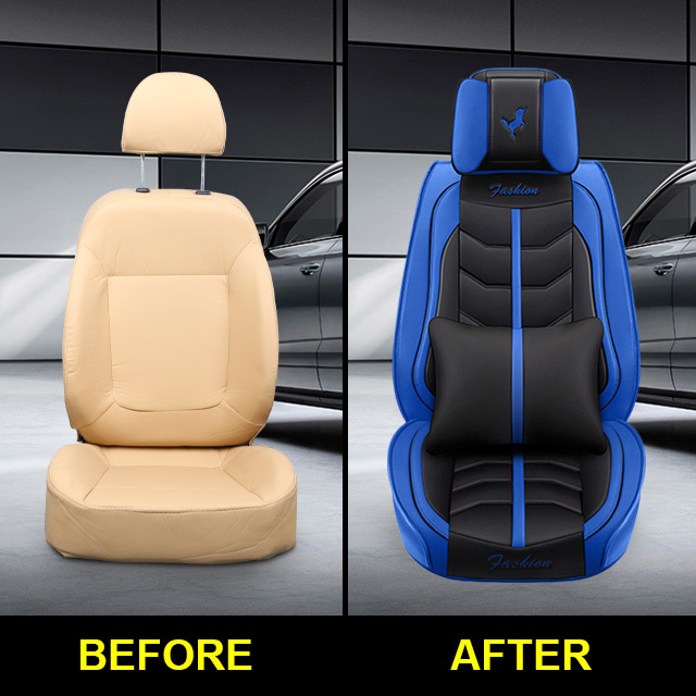 FLY5D Universal Car Seat Covers Leather, Full Set Cushions for 5-Seat Cars like SUV Sedan, Black&amp;Blue