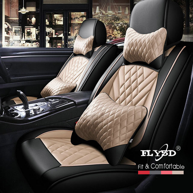 FLY5D Leather Car Seat Covers Full Seat for Universal Cars like Toyota Corolla Camr, Black&amp;Beige