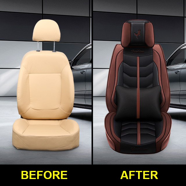 Fly5D  Seat Covers for Cars Professional PU Leather Full Set Cushions Fit for Most of 5-Seat Cars, Black&amp;Coffee