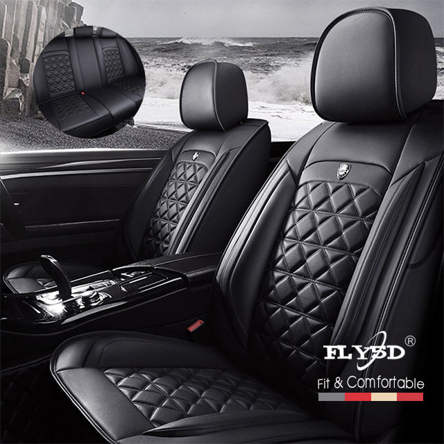 Fly5D Full Set Car Seat Cover PU Leather Full Surround, Waterproof Comfortable Durable Easy to Clean, Fit for Most of 5 Seats Cars, Black