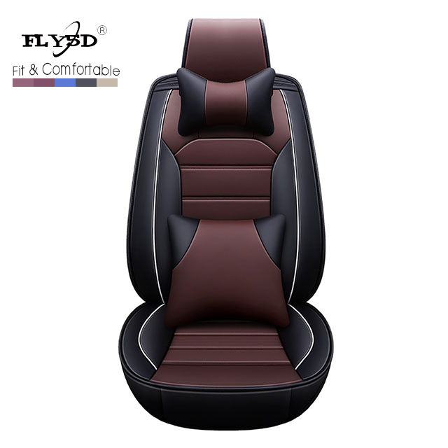 FLY5D Car Seat Covers Full Set in Coffee PU Leather Cushions on Front &amp; Rear Bench Fit for 5-Seat Cars