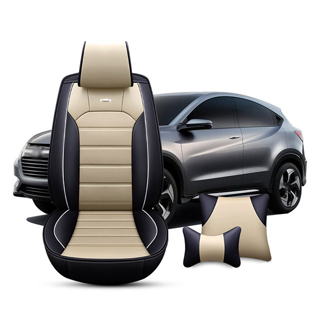FLY5D Car Seat Covers Full Set in Black&amp;Beige PU Leather Cushions Fit for 5-Seat Sedan SUVs