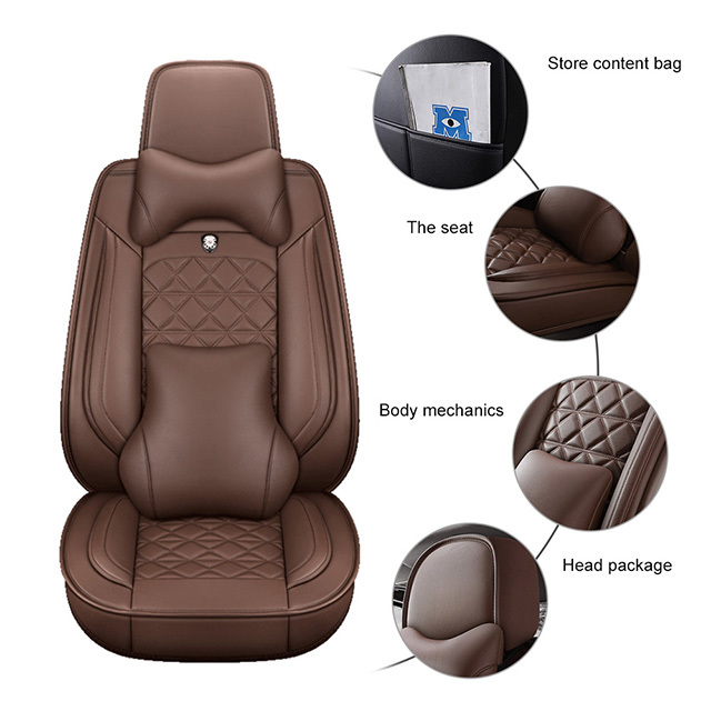 Fly5D Full Set Car Seat Cover with Professional PU Leather Full Surround, Luxury Auto Seat Cushions for SUVs, Sedans, Brown