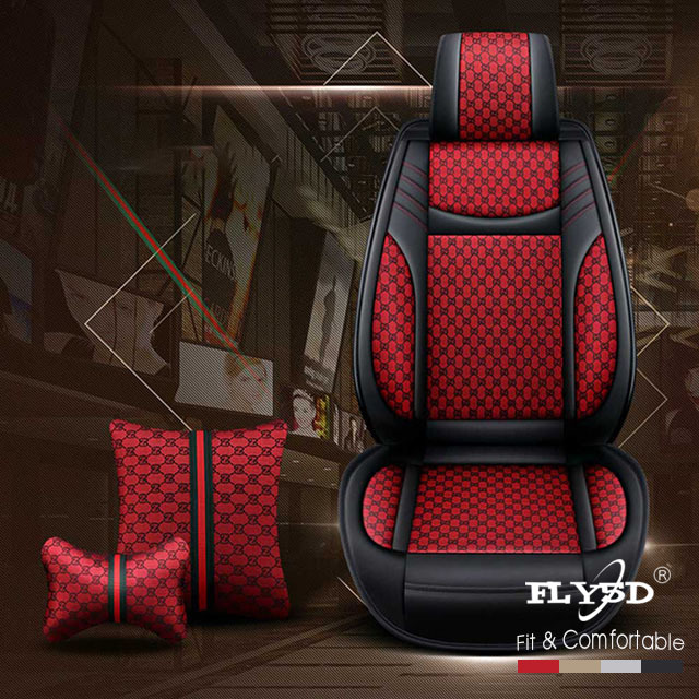 FLY5D Breathable Leather Car Seat Cover, Air-Bag Compatible Split Rear Seat Protector, Red