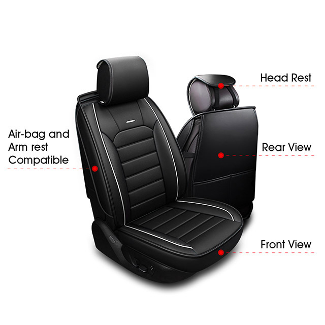 FLY5D Car Seat Covers Full Set in Black&Beige PU Leather Cushions Fit for 5-Seat Cars, Black