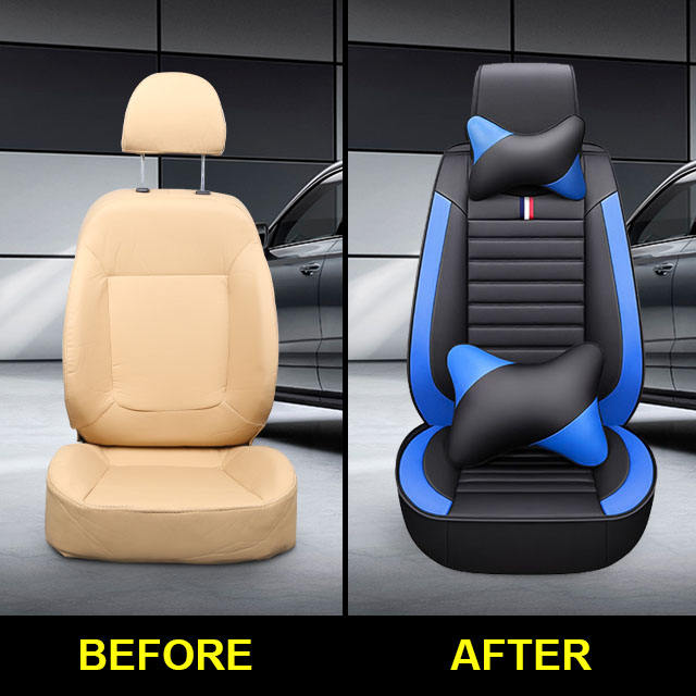 FLY5D Advanced PU Leather Car Seat Covers Wear Resistant Airbag Compatible for Mainstream Cars, Black&Blue