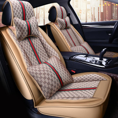 FLY5D Breathable Linen Car Seat Covers, Air-Bag Compatible Split Rear Seat Protector Fit SUVs, Sedans, Golden&Beige