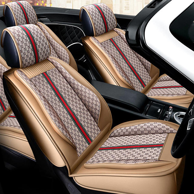 FLY5D Breathable Linen Car Seat Covers, Air-Bag Compatible Split Rear Seat Protector Fit SUVs, Sedans, Golden&amp;Beige