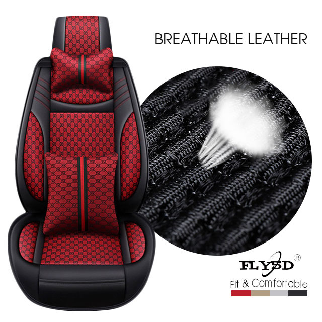 FLY5D Breathable Leather Car Seat Cover, Air-Bag Compatible Split Rear Seat Protector, Red