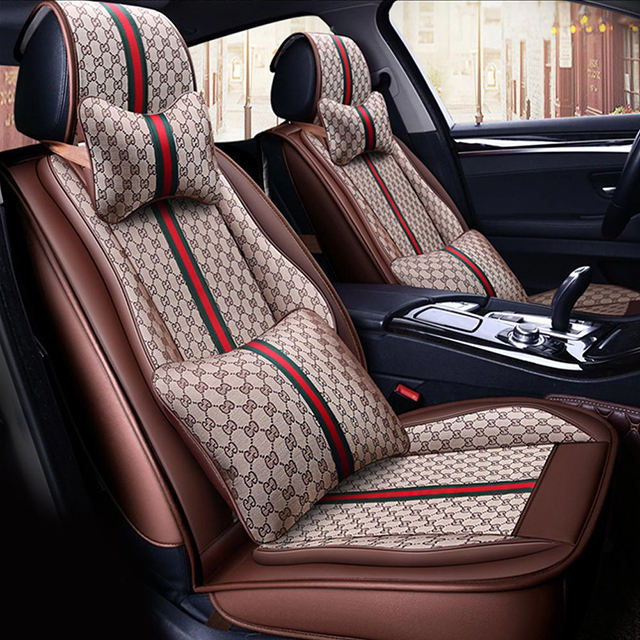 FLY5D Premium Linen + PU Leather Car Seat Covers, Air-Bag Compatible, Front and Split Rear Seat Protector for SUV, Sedans, Coffee&amp;Beige