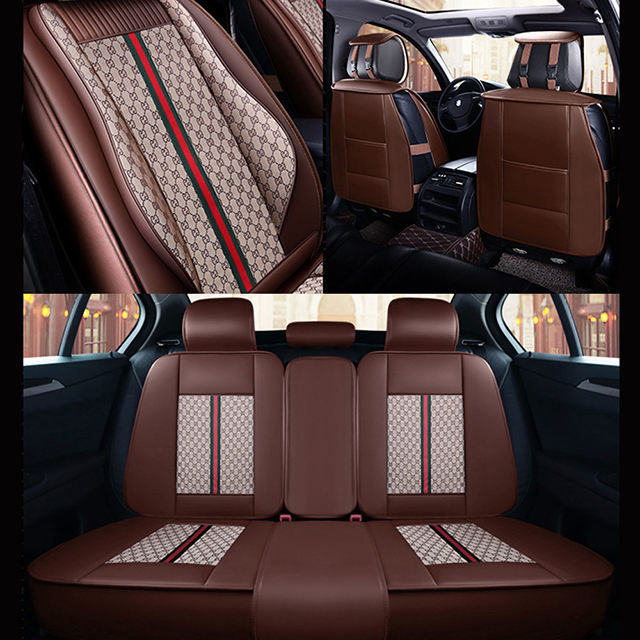 FLY5D Premium Linen + PU Leather Car Seat Covers, Air-Bag Compatible, Front and Split Rear Seat Protector for SUV, Sedans, Coffee&amp;Beige
