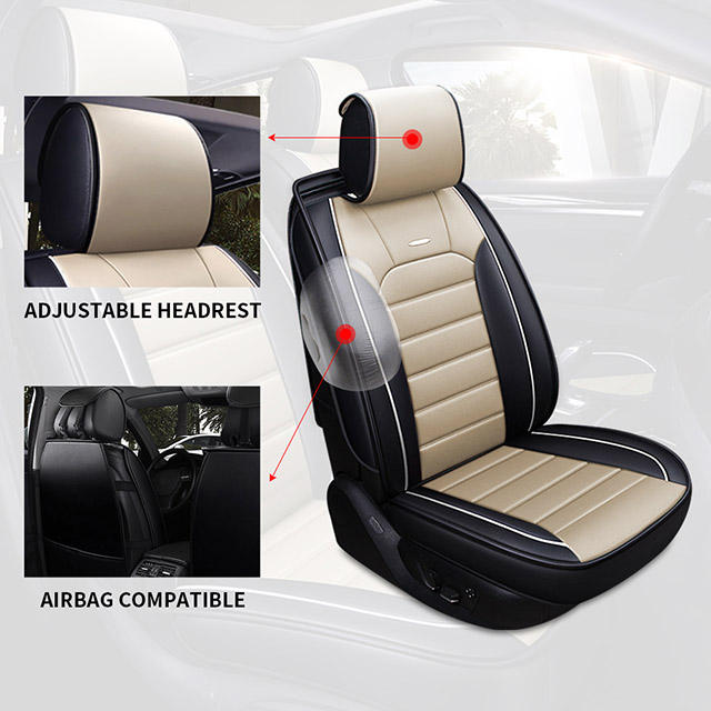 FLY5D Car Seat Covers Full Set in Black&Beige PU Leather Cushions Fit for 5-Seat Sedan SUVs