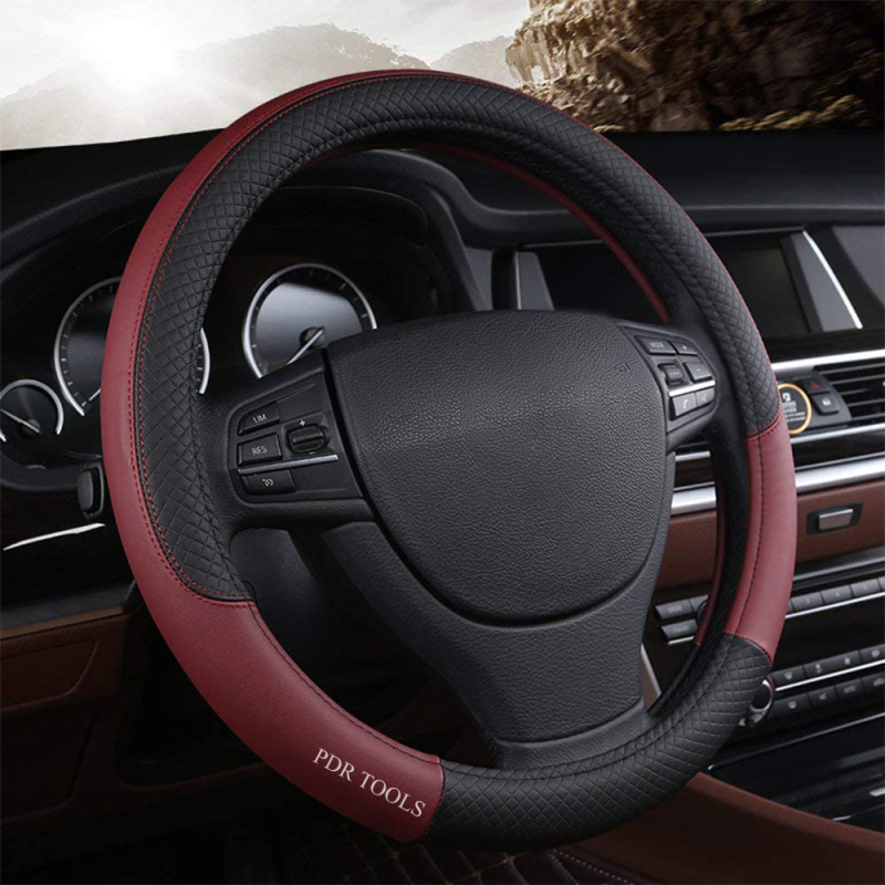 PDR TOOLS Red Leather Automotive Car Steering Wheel Cover,Fits 15 inches Middle Size for Vehicles SUV,Breathable and Non-Slip Lines,Four Seasons