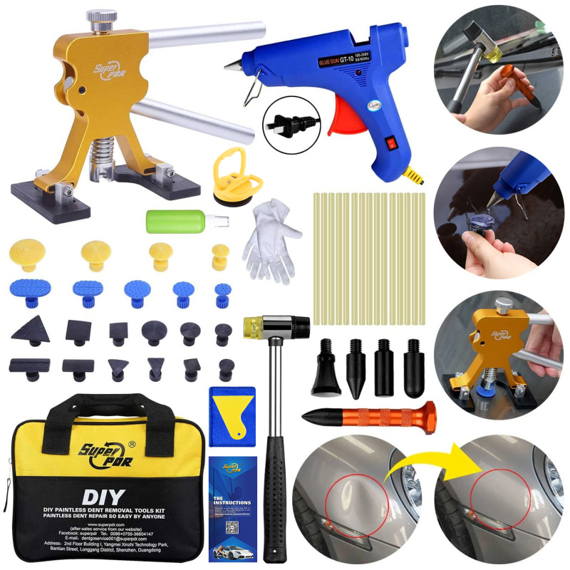 Super pdr tools glue pulling kit with cleaner spray glue adhesive remover car body dent lifter hail removal tool set