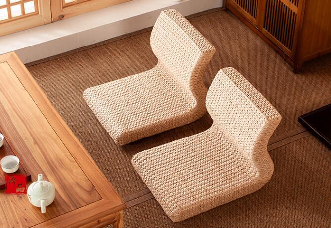 Handmade Straw&Rattan Japanese Floor Legless Chair Tatami Zaisu Backrest Chair for Balcony Bay Window Office Living Room Bedroom