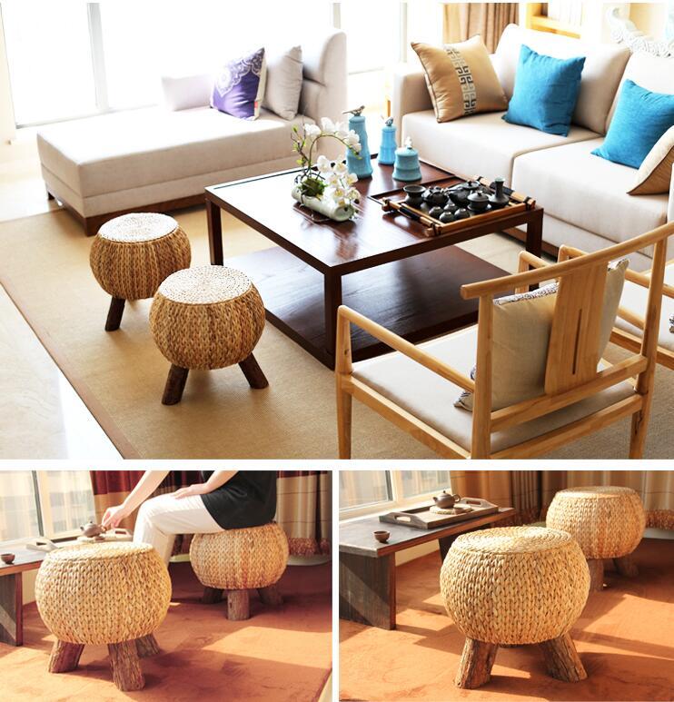 Rattan Handmade Rustic Round Footstool Household Multi functional Wooden 3 Leg Portable Wicker Ottoman Footrest Comfortable Gift