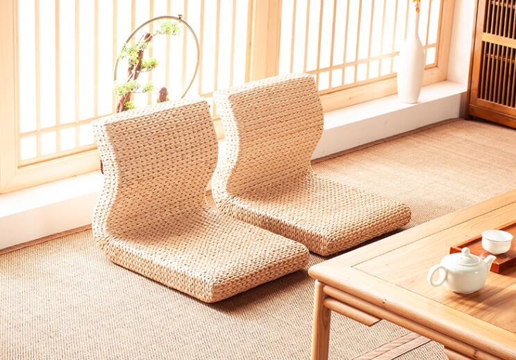 Handmade Straw&Rattan Japanese Floor Legless Chair Tatami Zaisu Backrest Chair for Balcony Bay Window Office Living Room Bedroom