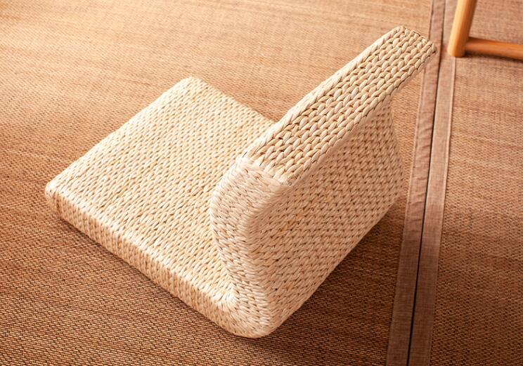 Handmade Straw&Rattan Japanese Floor Legless Chair Tatami Zaisu Backrest Chair for Balcony Bay Window Office Living Room Bedroom