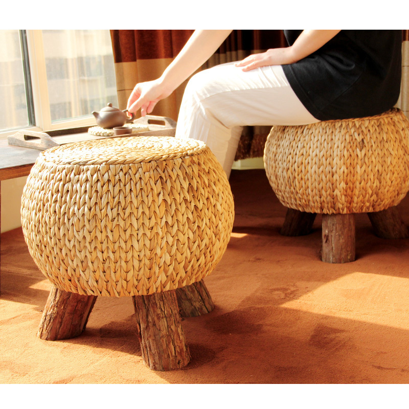Rattan Handmade Rustic Round Footstool Household Multi functional Wooden 3 Leg Portable Wicker Ottoman Footrest Comfortable Gift