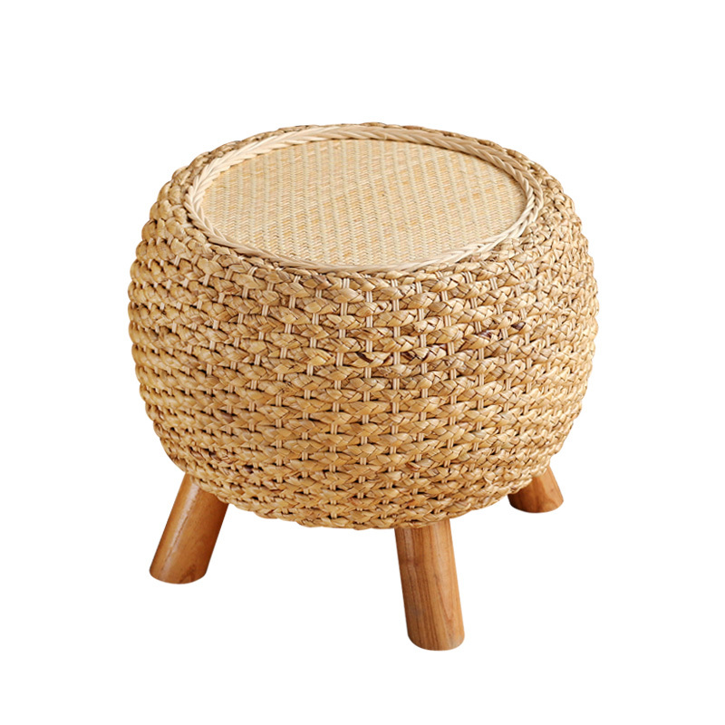 Round Foot Stool Change Shoe Ottoman Wooden Legs Padded Footrest Rattan Dressing Makeup Stool Hallway Living Room Wicker Pouf