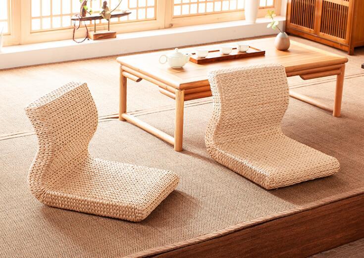 Handmade Straw&Rattan Japanese Floor Legless Chair Tatami Zaisu Backrest Chair for Balcony Bay Window Office Living Room Bedroom