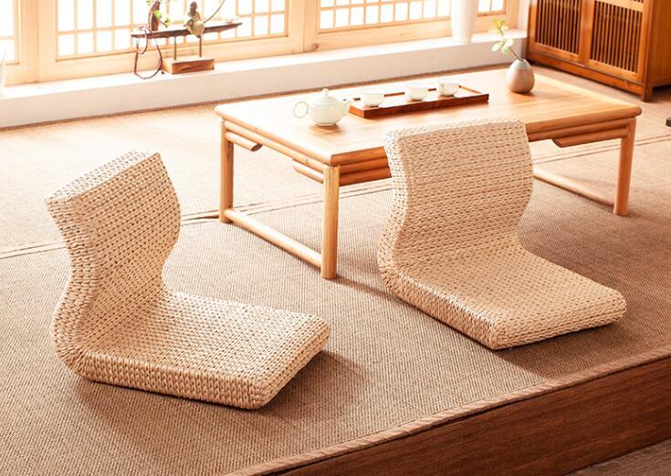 Handmade Straw&amp;Rattan Japanese Floor Legless Chair Tatami Zaisu Backrest Chair for Balcony Bay Window Office Living Room Bedroom
