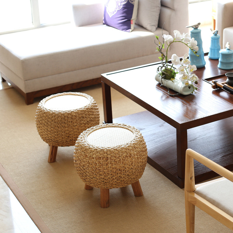 Round Foot Stool Change Shoe Ottoman Wooden Legs Padded Footrest Rattan Dressing Makeup Stool Hallway Living Room Wicker Pouf