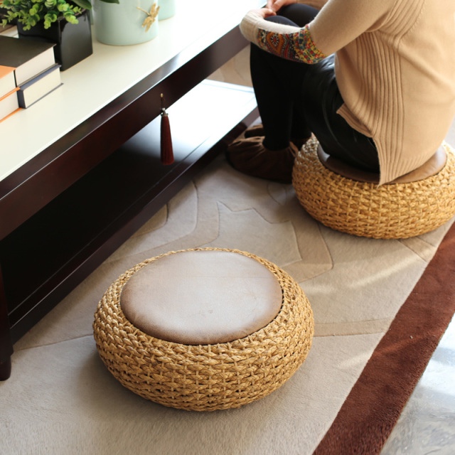 Modern Knitted Round Pouf Ottoman Stool W/PU Leather Seat Pad Floor Yoga Meditation Cushion Straw Rusitc Tatami Pouf Furniture