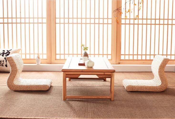 Handmade Straw&Rattan Japanese Floor Legless Chair Tatami Zaisu Backrest Chair for Balcony Bay Window Office Living Room Bedroom