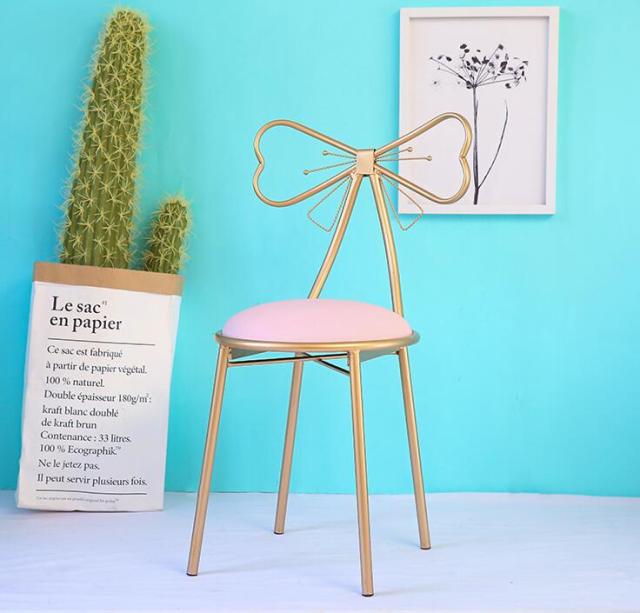 Nordic Backrest Makeup Chair Gold Iron Leg Bow Tie Barstool With Seat Cushion Salon Spa Cafe Pub Kitchen Dressing Chair