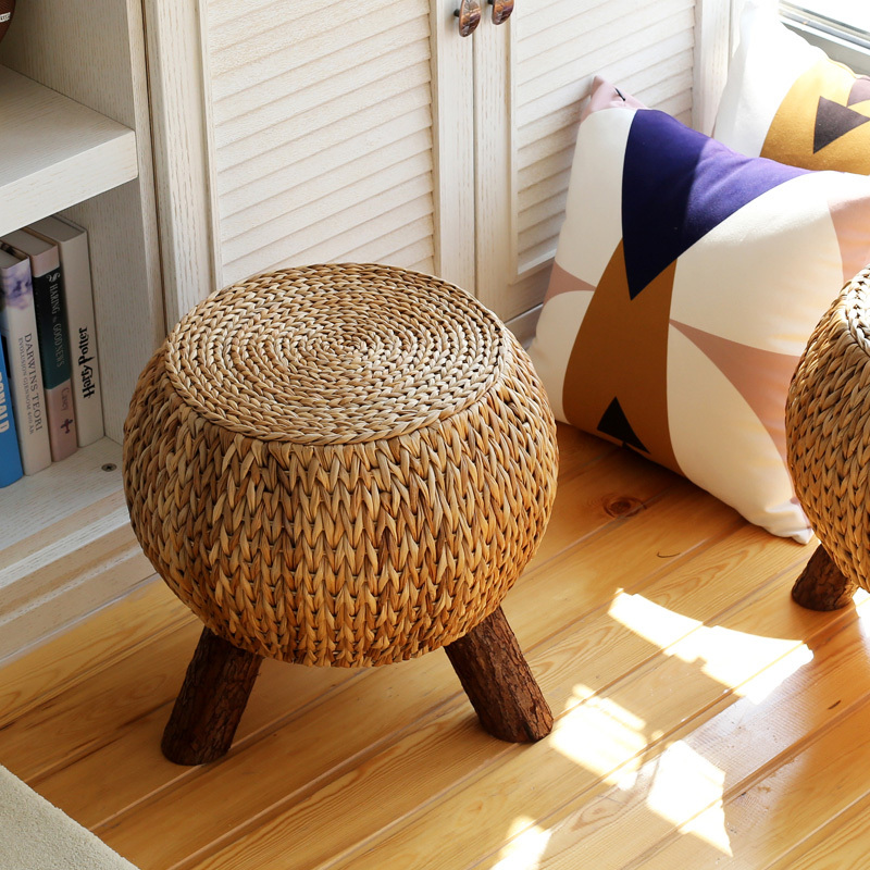 Rattan Handmade Rustic Round Footstool Household Multi functional Wooden 3 Leg Portable Wicker Ottoman Footrest Comfortable Gift