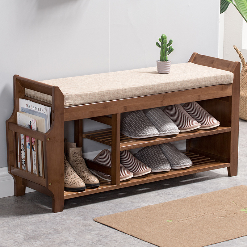 Natural Bamboo Shoe Storage Rack Bench with 2-Tier Cushion Seat Living Room Shoe Organizer Entryway Storage Hallway Furniture