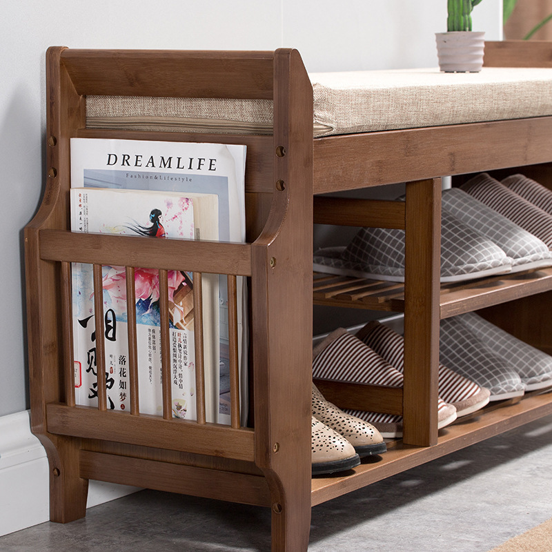 Natural Bamboo Shoe Storage Rack Bench with 2-Tier Cushion Seat Living Room Shoe Organizer Entryway Storage Hallway Furniture