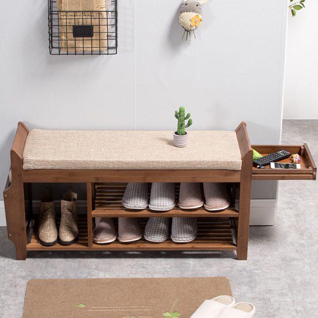 Natural Bamboo Shoe Storage Rack Bench with 2-Tier Cushion Seat Living Room Shoe Organizer Entryway Storage Hallway Furniture