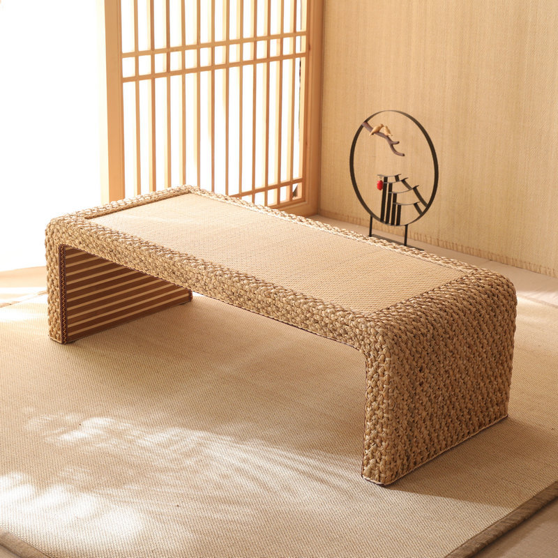 Handcrafted Tea Table for Sitting on The Floor Accent Furniture Japanese Style Rectangle Rattan Straw Coffee Table