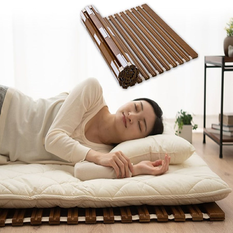 Wood Roll-Type Slatted Bed Slat Support for Japanese Futon Mattress Natural Paulownia Brown Finish Floor Sleeping Tatami Fold
