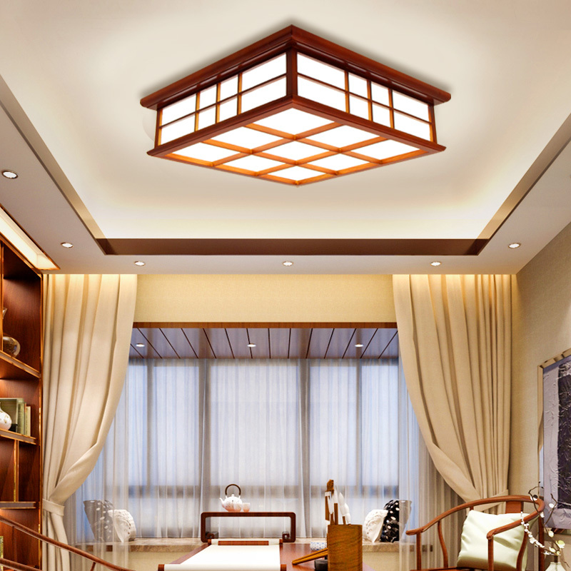 35x35cm Wooden Ceiling Light- Asian Japanese-Style Ceiling Lighting Korean Minimalist Living Room Bedroom Study Led Lamps Wood