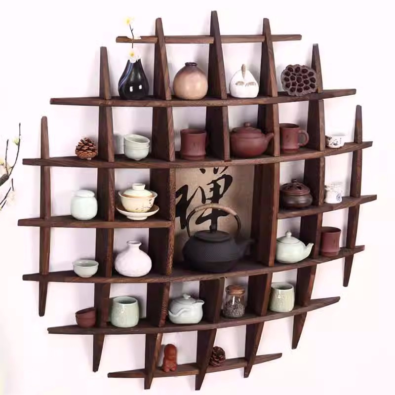 Chinese Style Teacup Holder, Wall-Mounted Antique Shelf Tea Set Display Stand Wall Decoration Solid Wood Teapot Rack Collection