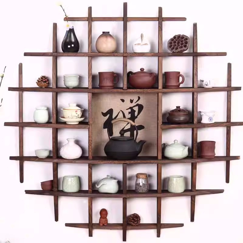 Chinese Style Teacup Holder, Wall-Mounted Antique Shelf Tea Set Display Stand Wall Decoration Solid Wood Teapot Rack Collection