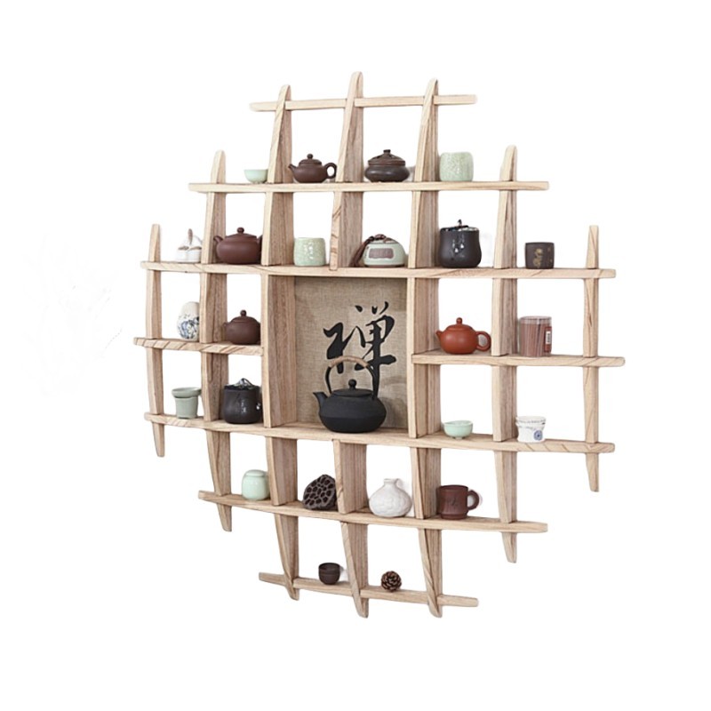 Chinese Style Teacup Holder, Wall-Mounted Antique Shelf Tea Set Display Stand Wall Decoration Solid Wood Teapot Rack Collection