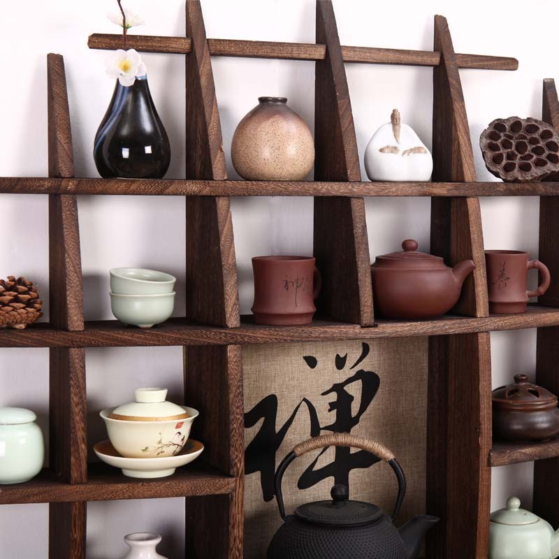 Chinese Style Teacup Holder, Wall-Mounted Antique Shelf Tea Set Display Stand Wall Decoration Solid Wood Teapot Rack Collection