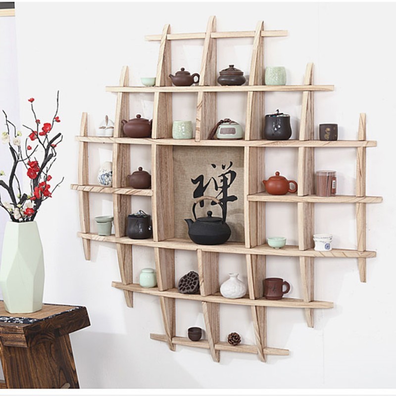 Chinese Style Teacup Holder, Wall-Mounted Antique Shelf Tea Set Display Stand Wall Decoration Solid Wood Teapot Rack Collection