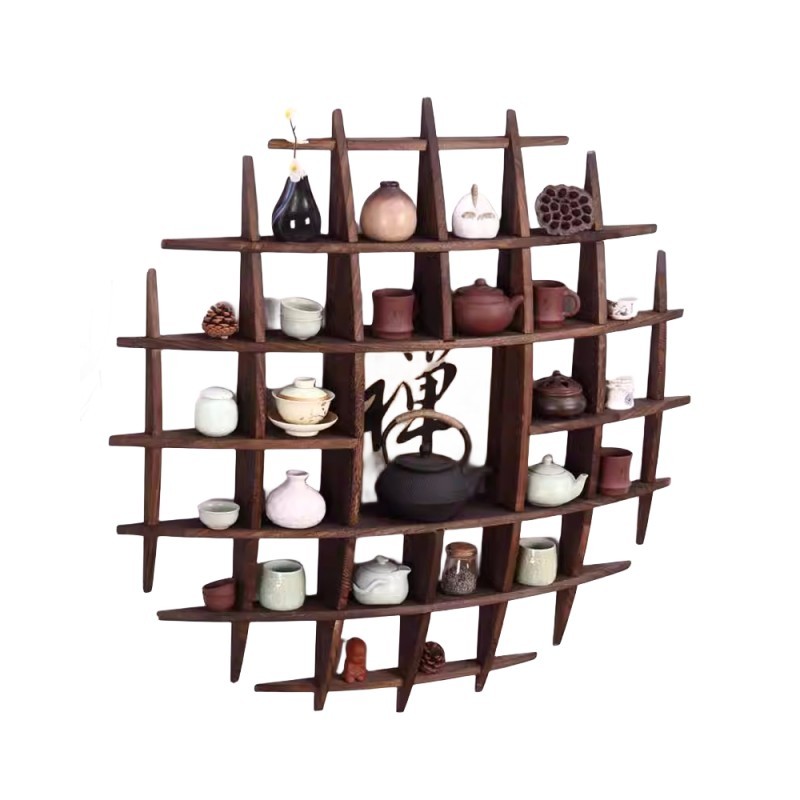 Chinese Style Teacup Holder, Wall-Mounted Antique Shelf Tea Set Display Stand Wall Decoration Solid Wood Teapot Rack Collection